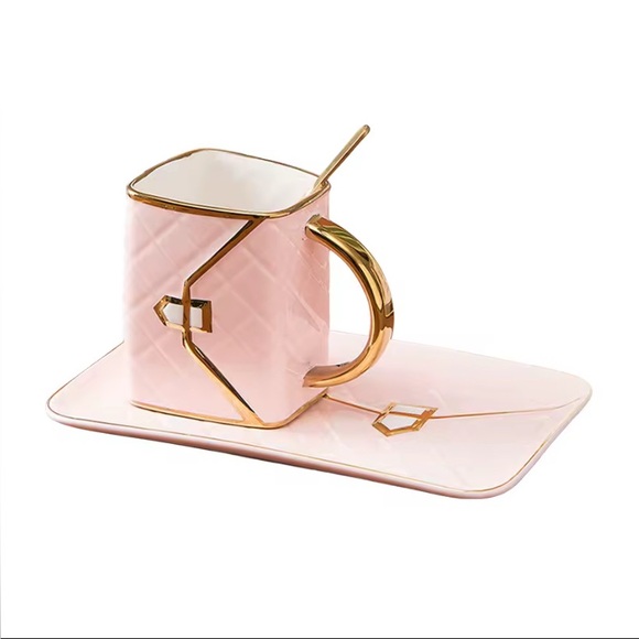 Elegant Ceramic Pink Gold-Trim Top-Handle  Women's Bag Mug & Plate - Picture 2 of 7